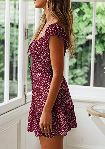 Image of Valphsio Womens Smocked Dress Ruffle Floral Tie Front Boho Short Dresses
