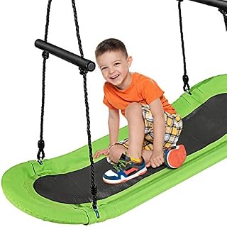 COSTWAY Kids Nest Swing, Hanging Platform Boat Surfing Tree Swings with Handles and Soft Padded Edge, Square Swing Seat for Garden Playground (Green)