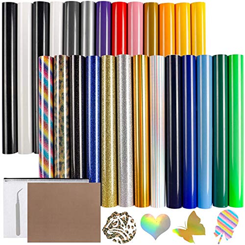 26pcs Iron on Vinyl Heat Transfer Vinyl Bundle 10in x 12in 24 Assorted Colors HTV Sheets for T-Shirts Works