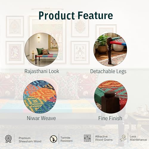 Image of Solid Sheesham Wood Charpai Khat | Handcrafted Daybed Khatiya Charpai with Cotton Rope | Traditional Khat Bed Wooden Diwan Cot for Living Room | 6X3 Feet | Colorful 002, Multicolor