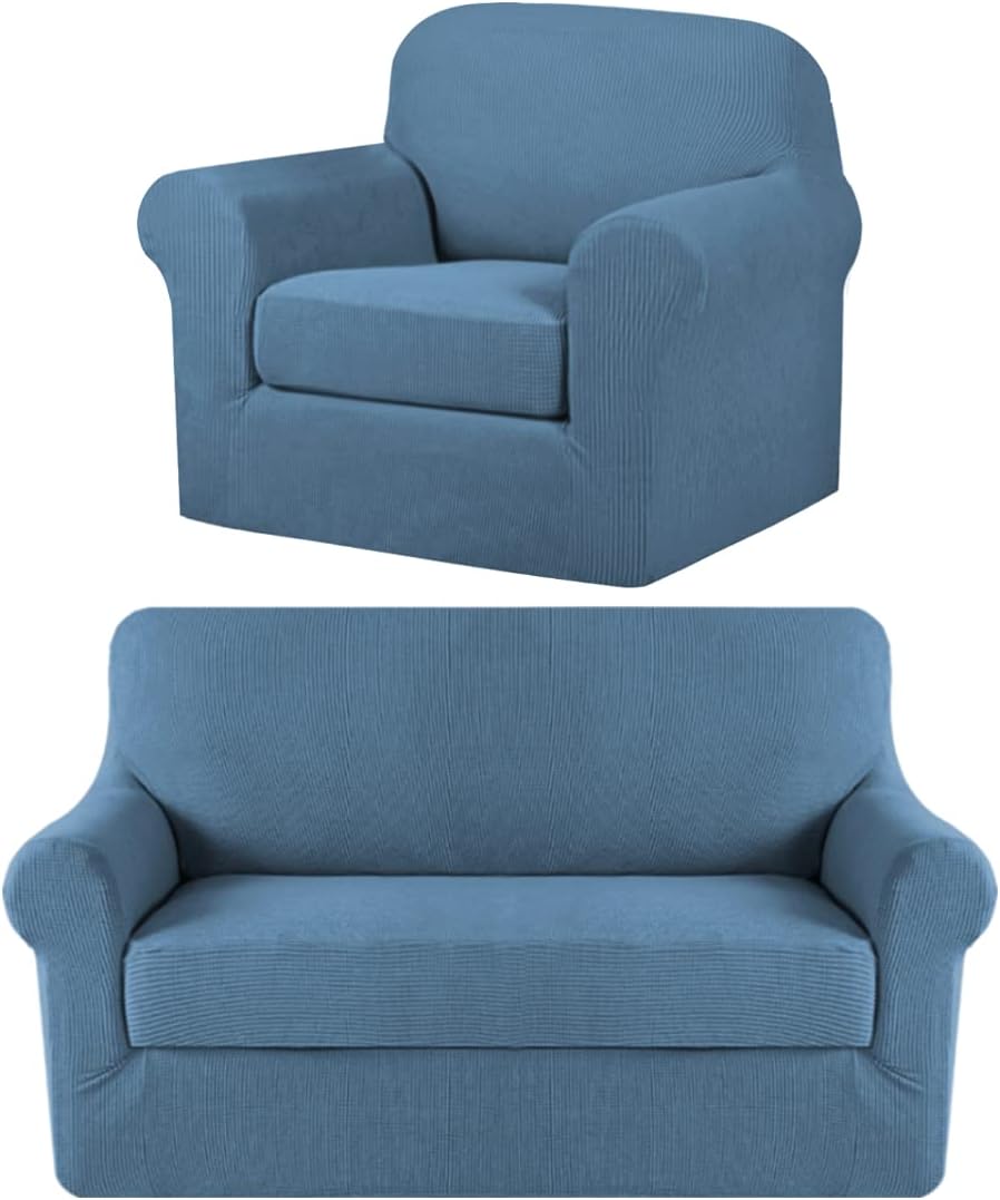 H.VERSAILTEX 2 Piece Loveseat Dusty Blue Slipcovers Stretch Bundle High Stretch 2-Piece Dusty Blue Armchair Cover, Spandex Jacquard Fabric Super Soft Skid Resistant Sofa Protector