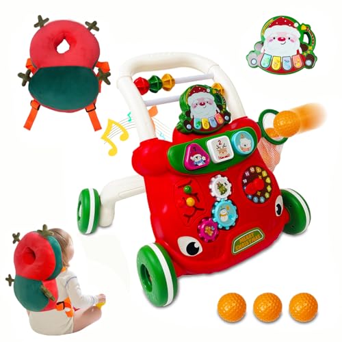 Christmas Baby Walker Toys Set,Christmas Baby Walker & Baby Head Protector Backpack,Push Walker for Boys & Girls Learning to Walk,Sit to Stand Early Educational Toys, for Toddler