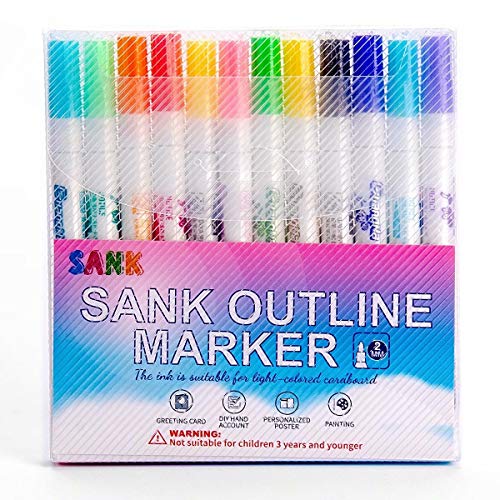 Sank Marker Pen for Highlight-Double Line Markers-Self-Outline Metallic Pens Highlight Markers Gift Cards Drawing Writing Pens-12 Color