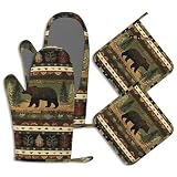 Oven Mitts and Pot Holders Sets Rustic Bear Silicone Kitchen Mits Potholders Cabin Forest Mountain Heat Resistant 4Pcs Oven Gloves Hot Pads for Baking Cooking BBQ Grilling Home Decor