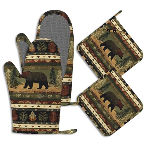 Oven Mitts and Pot Holders Sets Rustic Bear Silicone Kitchen Mits Potholders Cabin Forest Mountain Heat Resistant 4Pcs Oven Gloves Hot Pads for Baking Cooking BBQ Grilling Home Decor