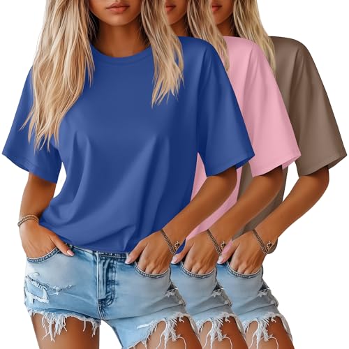 Huukeay 3 Pack Women's Half Sleeve T-Shirts, Crew Neck Elbow Length Tops Loose Casual Basic Tees Summer Cotton Tunic Tops(Royal Blue, Light Pink, Coffee,Large)