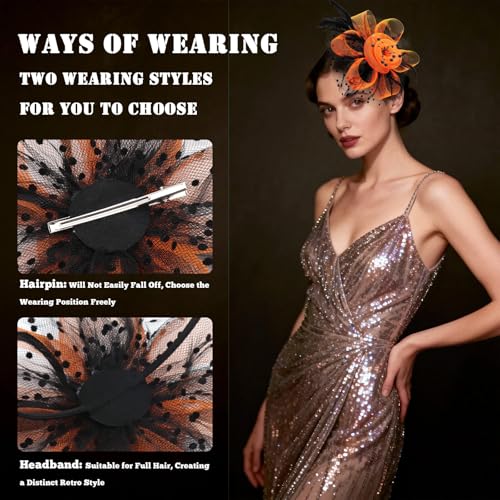 Image of DRESHOW Fascinators Hat Flower Mesh Ribbons Feathers on a Headband and a Clip Tea Party Headwear for Girls and Women