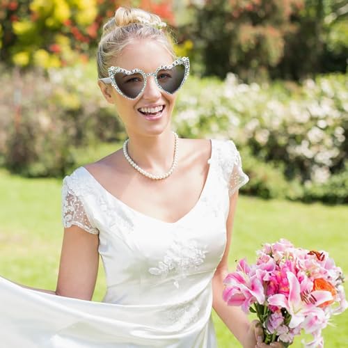 Delphinus Bridal Sunglasses, Heart-Shaped Glasses Bride's Gift White Pearl and Rhinestone Glasses for Singles Parties3