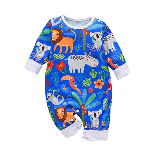 Infant Newborn Baby Boy Girl Outfit Long Sleeve Romper Carton Animal Print Jumpsuit Button Closure Bodysuit Clothes (Blue,18-24 Months)