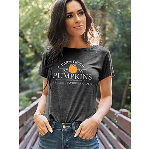 Pumpkin Shirt Women Farm Fresh Shirt Pumpkins Graphic Tees Causal Letter Printed T-Shirt Halloween Fall Blouse3