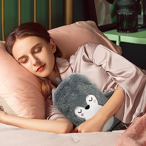 Wärmflasche mit Bezug 2 Liter, Wärmflaschen Tier Groß, Wärmflasche Kinder Pinguin, Wärmeflasche mit Kuschelig Flauschig Kunstpelz Bezug, Handwärmer Silikon Weichem für Hand Fuß Körper Warmhalten