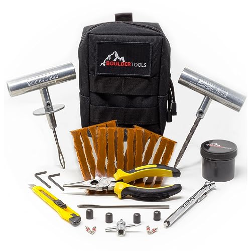 Boulder Tools Kit Universal Compacto de reparación de neumáticos de Alta Resistencia - Calidad Profesional, Antipinchazos y Reparación para Coches - Kit fácil de Usar con Molle Storage Pouch