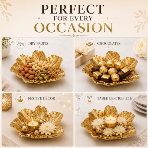 Image of MARKET 99 Glossy Golden Aluminium Decorative Dish (Set of 1) | Embossed Accent Platter for Dining Table, Living Room & Center Table | Designer Tray for Festive Gifting, Home Decor & Stylish Display