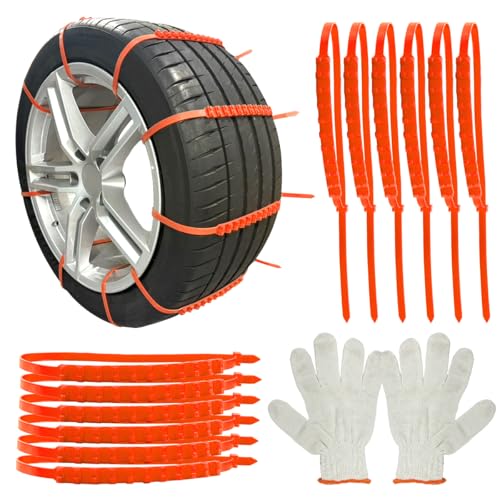 DEAELF 12PCS Car Snow Tire Chains, Reusable Portable Plastic Adjustable Snow Chains, Anti-Skid Zip Ties for Mud Mountain Road, Car Emergency Traction Cables for Safety Winter Driving (Orange)