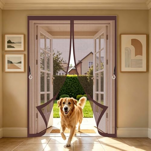 Cortina Mosquitera 78 x 216 cm Malla Ultrafina, Transpirables, Fácil Instalación Adhesiva Magnético Cortina para Protección Contra Insectos para Cocina, Comedor, Marrón