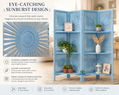Image of Wooden Room Divider Partition with Display Shelves for Living Room | Foldable 4 Panel Decorative Privacy Screen Separator for Home, Office & Bedroom | (Sky Blue)