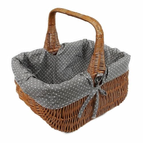 Großer Einkaufskorb aus Weide rechteckig Braun mit Stoff grau 42x32x38 cm...