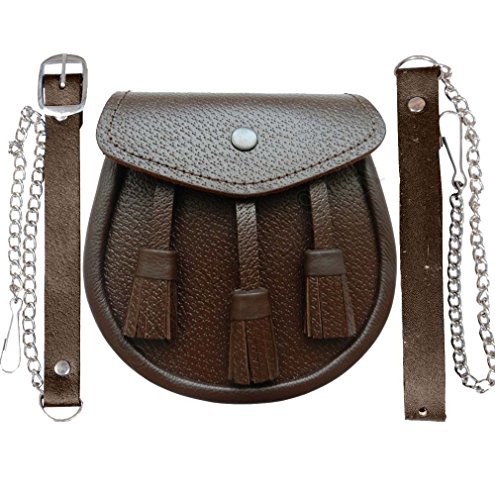 SHYNE KILTS U.K Écossais Marron Kilt Sporran Cuir et Ceinture 3 Pompons Sporran Cuir Cover