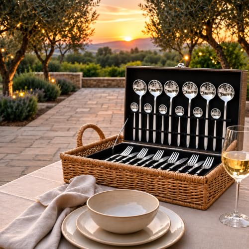 Image of 24-Piece Silver Stainless Steel Cutlery Set with Premium Storage Textured Plastic Box | Mirror Finish Flatware for 6 | Dinner Spoons, Forks, Knives & Teaspoons | Luxury Gift Set