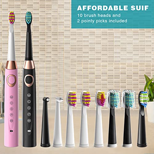 Dnsly Electric Toothbrush 2 Pack For Kids 8-12, Power Rechargeable Electric Toothbrush Last For 30 Days , 10 Brush Heads, 2 Minute Timer , Ultrasonic Black And Pink #TOP6
