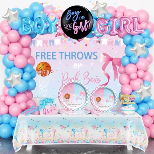 Homond Free Throws or Pink Bows Gender Reveal Decorations - Boy or Girl Gender Reveal Supplies for 24 Guests - Backdrop, Balloon Tablecloth, Plates, Napkins, Forks