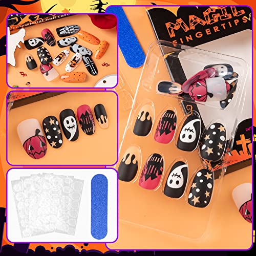 Noverlife 72Pcs Halloween Almond Press On Nails, Gothic Skull Cross Black False Nails Orange Pumkin Glue On Nails, Halloween Reusable Stick On Nails, Glossy Halloween Fake Nails Halloween Nail Design #TOP2