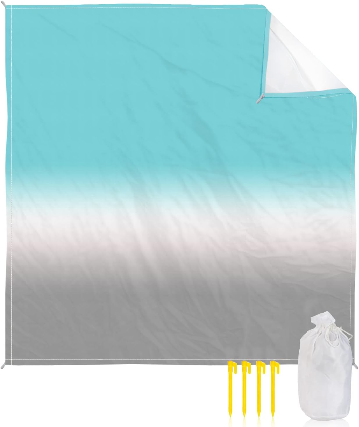 Teal White Gray Ombre Color Beach Blanket Waterproof Sandproof Outdoor Picnic Mat 118"x108" Modern Gradient Art Lightweight Large Beaach Blankets with 4 Stake & 4 Corner Pockets