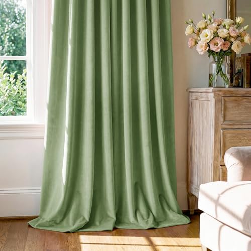 Image of Retro Green Velvet Curtains with Room Darkening, W52xL96, 2 Panels | Farmhouse Super Soft Drapes with Pleat Tape for Living Room, Bedroom, Dining Room, Thermal Insulated, Window Treatment