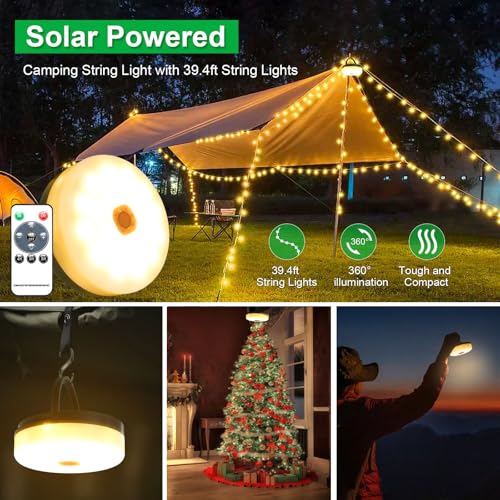 Outdoor Waterproof Portable Stowable String Light,12M 120LED Solar Camping String Lights Reel,Portable 2 in 1 Christmas Fairy Lights,USB Rechargeable for Camping,Yard,Garden,Patio,Warm White - Image 2