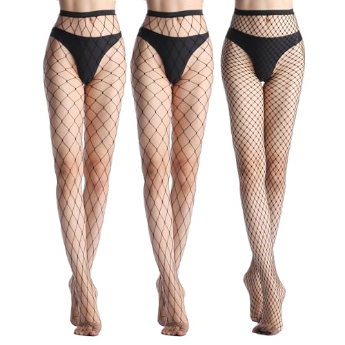 Image of YAGAXI Fishnet Stockings for Women - 3 Pairs Black High Waist Sexy Mesh Thigh Hight Tights Fish Nets Pantyhose One Size