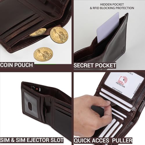 Image of FOXHACKLE Slim Bifold Leather Wallet for Men with Secret Hidden Pocket and Coin Pocket, RFID Blocking Men's Wallet with Separate Bill Section(Crunch Brown)