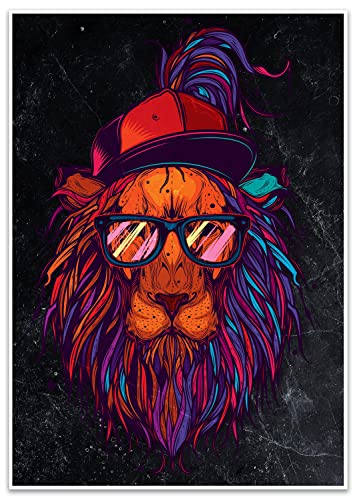 wandmotiv24 Poster décoratif, Taille Din A3, Lion Funky, marbre, coloré, Casquette, Chapeau, Lunettes, Nerd, décoration Murale Moderne, peintures murales, décoration, Image M0089