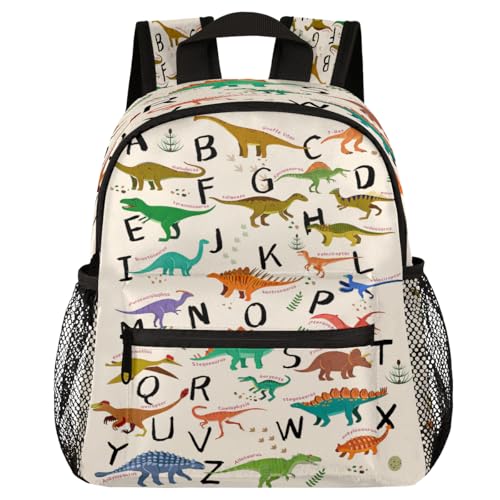 AUUXVA Mochila infantil neutra para crianças pré-escolares, meninos e meninas, dinossauros infantis, mochila infantil para jardim de infância, Dinossauro do alfabeto, 12' x 10' x 4', Mochilas Daypack