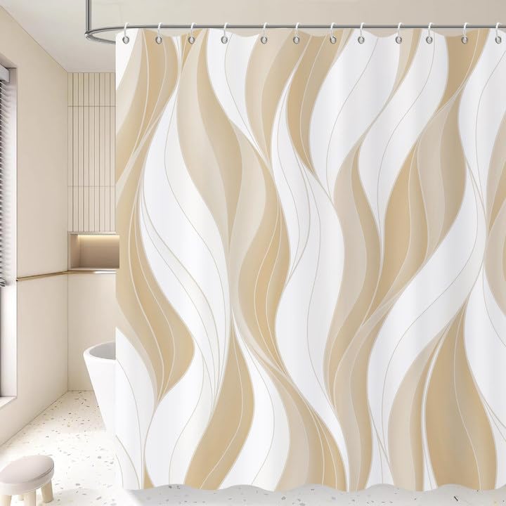 GCIREC Shower Curtain, 180x200cm, Modern Abstract Beige White Ombre Striped Minimalist Art Waterproof Fabric Machine Washable Bathroom Curtain with Hooks