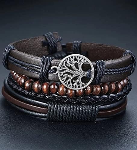 Gogoey Erkek Deri Bileklik 4 lü hayat ağacı ahşap boncuk Bilezik siyah erkek Takı DBS3535 - Görsel 2