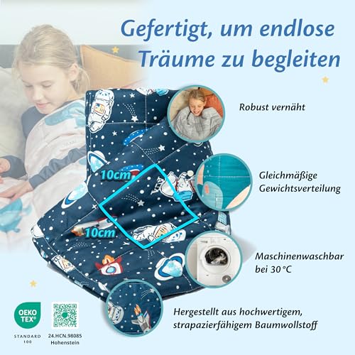 Ella Gewichtsdecke Kinder 3,2 kg 100x150 cm - Therapiedecke, für Stressabbau & Angstzustände, Hypoallergene Glasperlen, weiche & kühlende Baumwoll- Außenschicht, für Kinder von 25-40 kg - Space
