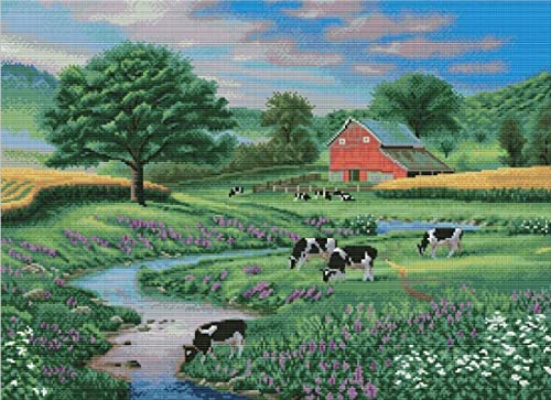 Point de croix broderie vaches au pré pour décoration salon 40x50 cm
