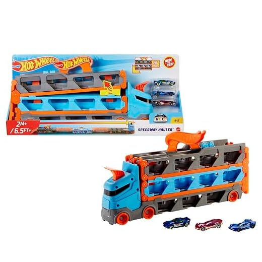 Hot Wheels - 2:1 Autorennbahn zu Transporter, inkl. 3 Spielzeugautos, mit Doppelstarter, Auslösefunktion und Weiche, Platz für 20 Autos, Spielzeug ab 4 Jahre, HGH33