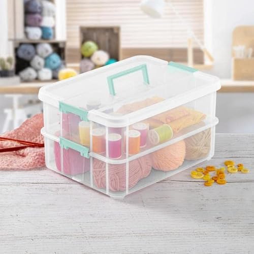 Sterilite 1427Clr Stack & Carry - 2 Layer Box, Clear Lid & Blue Handle, See-Through Layers #TOP3