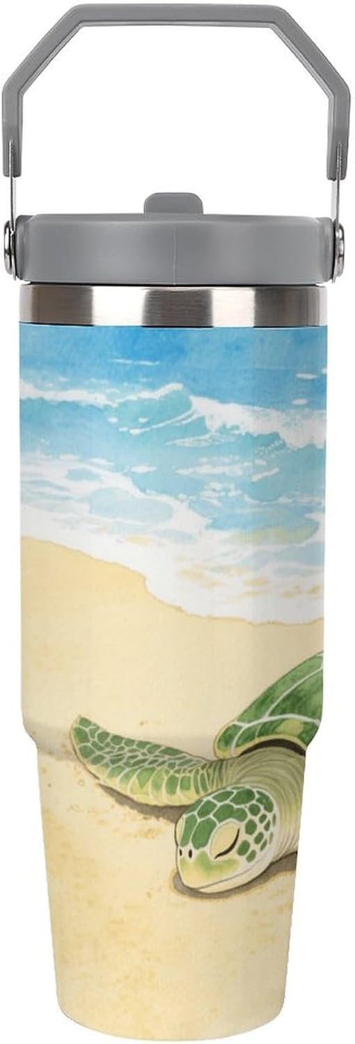 30 Oz Insulated Mug with Handle Lid And Straw A Turtle Pattern Large Metal Sports Bottle Great for Gifts Parties Office Coffee