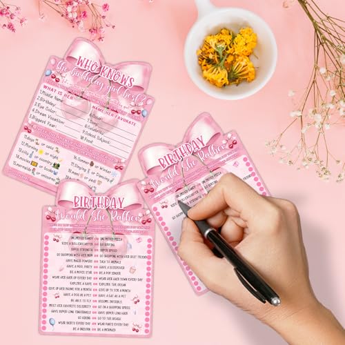 Image of Pink Bow Cherry Themed Girl's Sleepover Party Supplies - Girl's Birthday Night Game Ideas - Who Knows The Birthday Girl Best 20 Pieces
