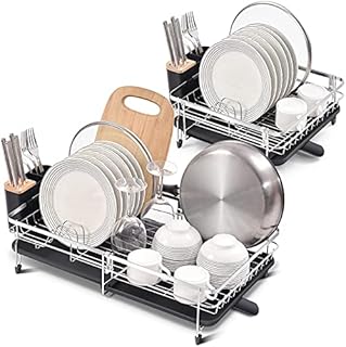 Kingrack Expandable Dish Drainer Rack,Adjustable 304 Stainless Steel Dish Rack,Foldable Dish Drying Rack with Removable Cutlery Holder Swivel Drainage Spout,Anti-Rust Plate Rack for Kitchen 1 Piece