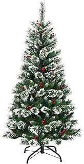 COSTWAY 5ft/6ft/7ft/8ft Snow Flocked Christmas Tree, Premium Hinged Slim Tree with Red Berries and Metal Base, for Xmas Indoor and Outdoor Décor (Green+White, 5FT)