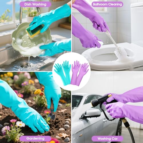 Elgood Reusable Dishwashing Cleaning Gloves with Latex free, Cotton lining,Kitchen Gloves 2 Pairs,Purple+blue Medium