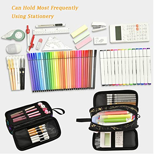 Image of Fustylead Trendy Black Golden Lines Marble Print Large Pencil Pen Case Stationery Bag, 3 Compartments School College Office Desk Organizer Storage Pouch Marker for Teen Boys Girls Students