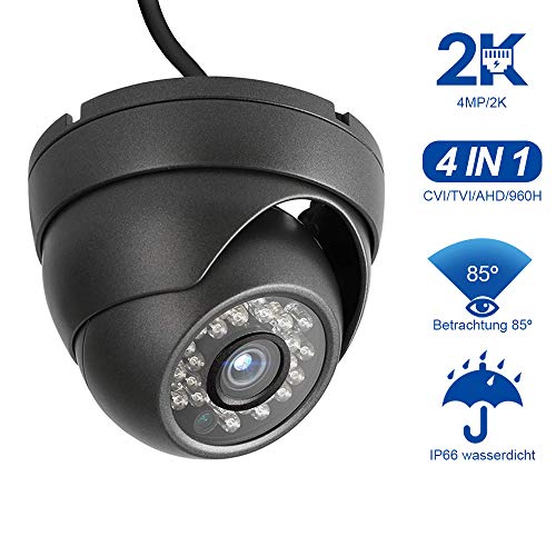 Dericam Outdoo Überwachungskamerar Dome,4MP Kamera HD 2K, 4-in-1-Überwachungskamera, HDCVI/HDTVI/AHD/960H, IP66-Metallgehäuse, 24 LEDs/25fts Nachtsicht, 85° Betrachtungswinkel, PAL, Schwarz