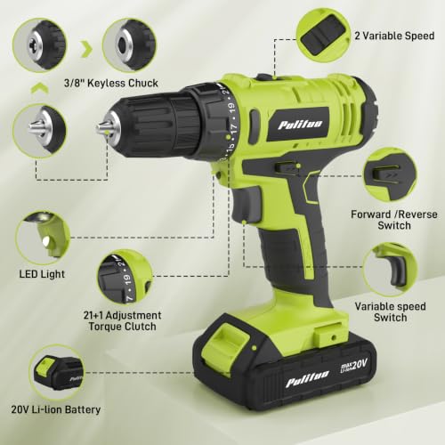 Image of PULITUO 20V Cordless Drill Set, 2 Batteries Electric Screwdriver, 30Nm Power Drill Driver, 21+1 Torque, 2 Speed, 3 /8 inchKeyless Chuck, power Drill with LED Light, Drill Driver Kit for Home (Green)