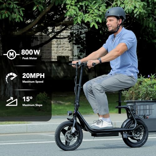 Caroma Peak 800W Electric Scooter with Seat, 20Mph Top Speed & 25Miles Max Range, 14' Foldable E Scooter for Commuting with Basket (Black)