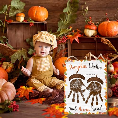 Image of Pumpkin Wishes and Acorn Kisses Fall DIY Crafts for Kids, Fall Preschool Arts Sign Crafts Homeschool Daycare Activities for Autumn, Thanksgiving Halloween Baby Handprint Keepsake Acorns Handprints