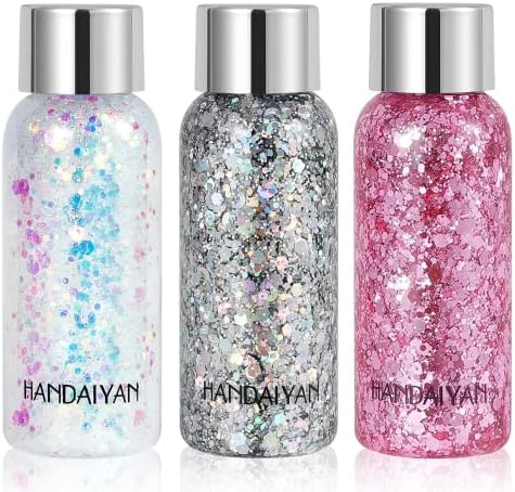 Body Glitter Gel Holographic Glitter Liquid for Festival Make Up 3 Colors Set Long-Lasting Easy to Remove (Pink,Silver,Mermaid)